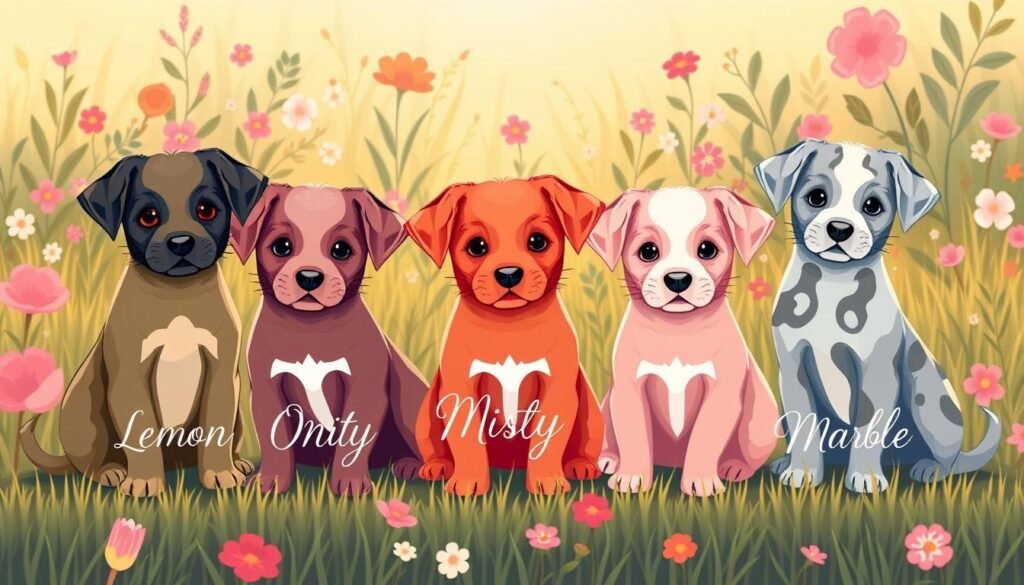 A vibrant, whimsical illustration showcasing a diverse array of dog names inspired by colors and patterns. In the foreground, a lively group of puppies in various hues sit together, their names displayed in elegant calligraphic text below each pup - Lemon, Onyx, Misty, Scarlet, and Marble. The middle ground features a lush, meadow-like setting with flowers and leaves in complementary tones, creating a cheerful, nature-inspired backdrop. Soft, diffused lighting casts a warm, golden glow over the scene, evoking a sense of comfort and joy. The overall composition is balanced and visually appealing, perfectly capturing the essence of "Names Based on Colors and Patterns" for the "500 Lovely Girl Dog Names for Your Pup" article.