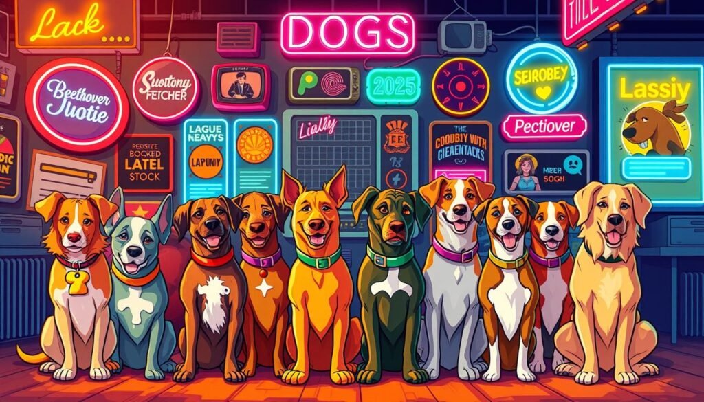 A vibrant, whimsical illustration showcasing a lively collection of pop culture-inspired dog names. In the foreground, a diverse group of playful pups sit attentively, their expressive faces and colorful collars reflecting the personalities of characters like "Beethoven," "Scooby-Doo," "Lassie," and "Lady." The middle ground features a stylized, retro-inspired backdrop with neon signs, vintage posters, and other eye-catching visual elements that evoke the spirit of beloved TV shows, movies, and music. The lighting is warm and saturated, creating a sense of energy and fun. The overall composition is dynamic, with the dogs arranged in an engaging, asymmetrical layout that invites the viewer to explore the details of this imaginative canine world.