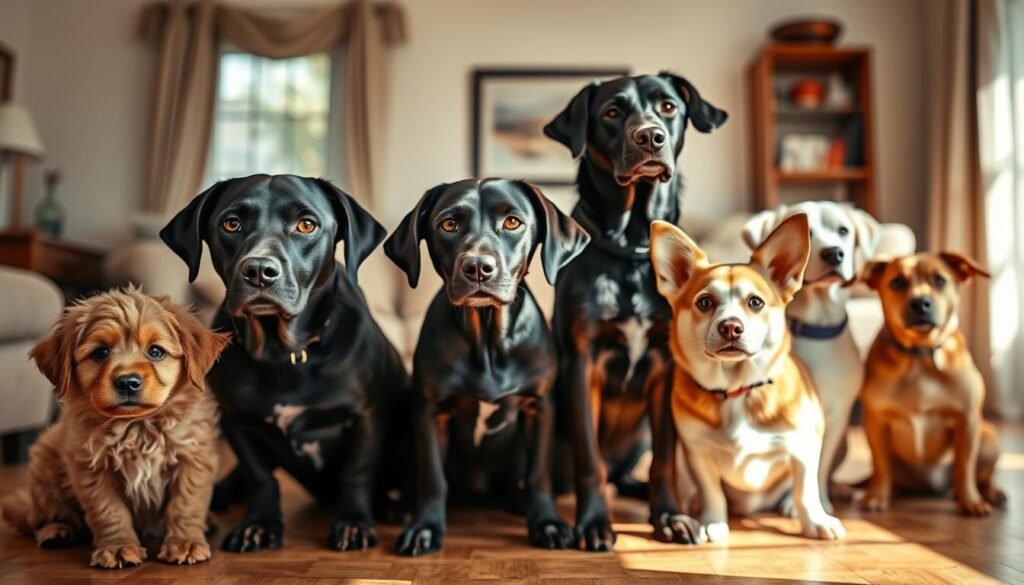A warm and whimsical portrait of several adorable dogs, each representing the names of popular TV show canine companions. The dogs are sitting together in a cozy, sun-dappled living room, their eyes bright and attentive. In the foreground, a playful puppy with a fluffy golden coat represents "Copper" from "The Fox and the Hound". Beside it, a sleek black labrador resembles "Dog" from "The Wire". In the middle ground, a regal Afghan hound evokes "Dog" from "Twin Peaks". In the background, a mischievous corgi recalls "Dog" from "Frasier". The scene is bathed in soft, natural lighting, creating a sense of comfort and familiarity, as if these canine characters have come to life in a cozy living room setting.