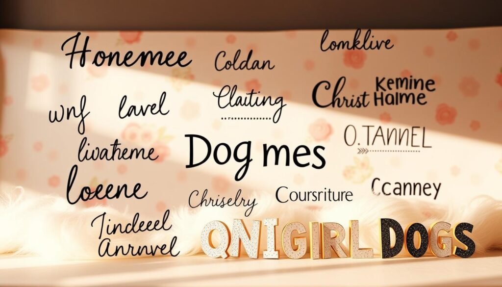 A whimsical and charming display of unique and playful dog names, arranged in a visually engaging composition. In the foreground, a variety of handwritten cursive dog names float in a soft, dreamlike atmosphere, each with its own distinct personality and flair. The middle ground features quirky and imaginative typographic treatments of additional dog name ideas, using a mix of playful fonts and layouts. In the background, a delicate floral pattern or watercolor wash provides a gentle, pastel-hued backdrop, complementing the overall mood of the image. Warm, diffused lighting illuminates the scene, creating a sense of warmth and approachability. The composition is balanced and visually striking, capturing the essence of the "Unique and Quirky Names for Girl Dogs" section of the article.