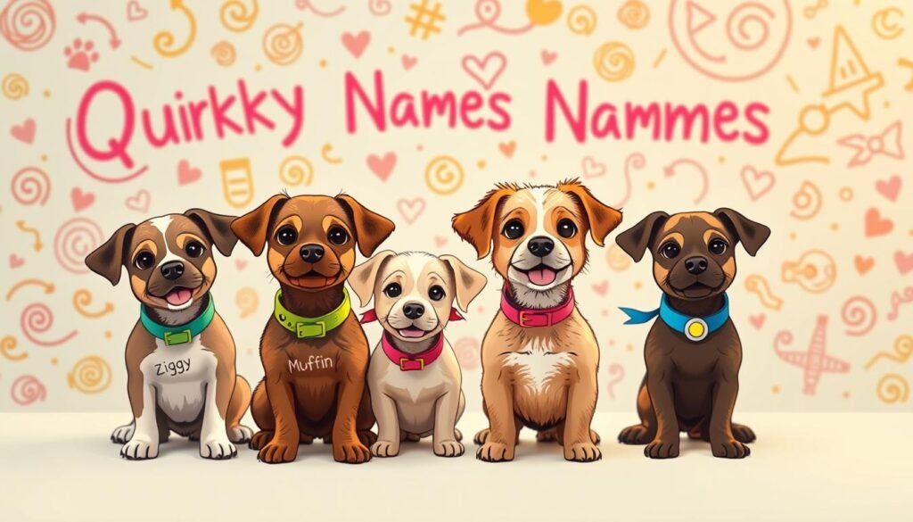 A whimsical array of quirky dog names in a playful, hand-drawn style. In the foreground, a pack of pups with endearing expressions wear colorful collars adorned with their unique monikers - Ziggy, Muffin, Sprinkles, and Rocket. The middle ground features a vibrant backdrop of swirling patterns and doodles, creating a joyful, lighthearted atmosphere. The scene is illuminated by warm, gentle lighting, casting a soft, inviting glow. The overall composition conveys a sense of endearing quirkiness and boundless canine charm, perfectly capturing the spirit of the "Quirky Names That Make You Smile" section.