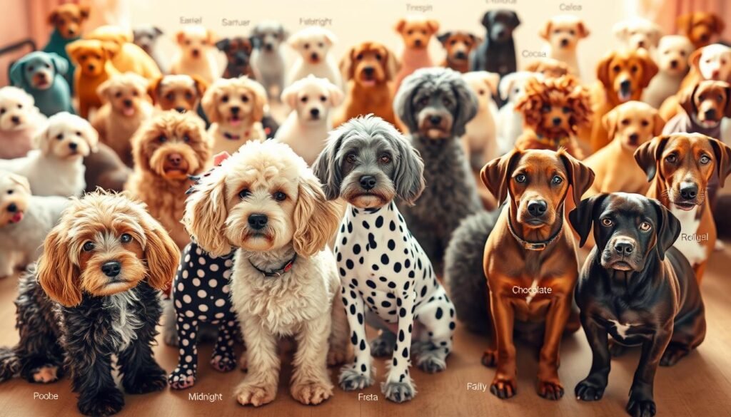 A whimsical, brightly-lit scene featuring an array of adorable girl dogs, each with a unique name inspired by their distinctive coats. In the foreground, a fluffy golden retriever named Sunshine, a sleek black poodle named Midnight, and a spotted dalmatian called Polka Dot. In the middle ground, a shaggy gray schnauzer dubbed Storm Cloud, a curly-haired red poodle named Fiery Autumn, and a smooth-coated chocolate labrador called Cocoa. In the background, a variety of other girl dogs in various colors and breeds, each with a charming, imaginative name reflecting their appearance. The scene is captured with a warm, inviting tone, showcasing the dogs' playful personalities and the perfect complement to the "Unique Names Based on Characteristics" section.