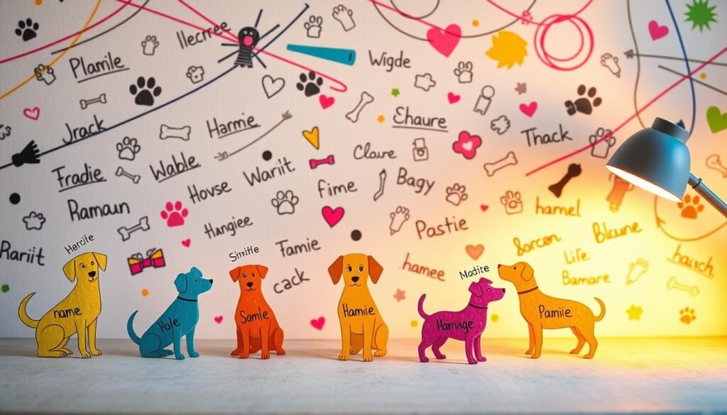 A whimsical collage of dog name ideas, set against a vibrant, playful background. In the foreground, a group of colorful, hand-drawn dog silhouettes in various poses, each with a unique, creative name scribbled above them in a playful, cursive font. In the middle ground, a scattered arrangement of playful icons and doodles - paw prints, bones, hearts, and other dog-themed elements. In the background, a dynamic, abstract pattern of intersecting lines, swirls, and splashes of color, creating a sense of movement and energy. Warm, soft lighting illuminates the scene, casting a cozy, inviting atmosphere. The overall aesthetic is bright, cheerful, and imaginative, perfectly capturing the spirit of "Creative Themes for Girl Dog Names".