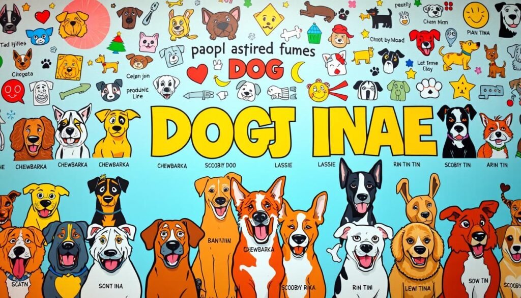 A whimsical collage of popular culture-inspired dog names, set against a vibrant, playful background. In the foreground, a diverse array of colorful, stylized dog portraits, each with a unique name - from Chewbarka and Lassie to Scooby Doo and Rin Tin Tin. The middle ground features quirky, illustrated icons and symbols representing various pop culture references, while the background showcases a dynamic, abstract pattern of bold colors and geometric shapes, creating a lively, energetic atmosphere. Captured with a wide-angle lens and soft, diffused lighting to enhance the playful, imaginative mood.