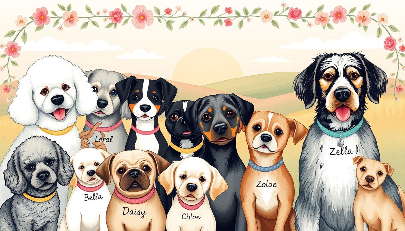 A whimsical collage of popular girl dog names, rendered in a pastel-hued, hand-drawn style. The foreground features a vibrant array of dog breeds - poodles, pugs, retrievers, and more - their names playfully adorning their collars: "Bella", "Daisy", "Chloe", "Zoe". In the middle ground, a delicate floral garland frames the scene, adding a touch of feminine charm. The background depicts a soft, dreamy landscape of rolling hills, dotted with fluffy clouds and a warm, golden sunset glow, creating a cozy, comforting atmosphere.