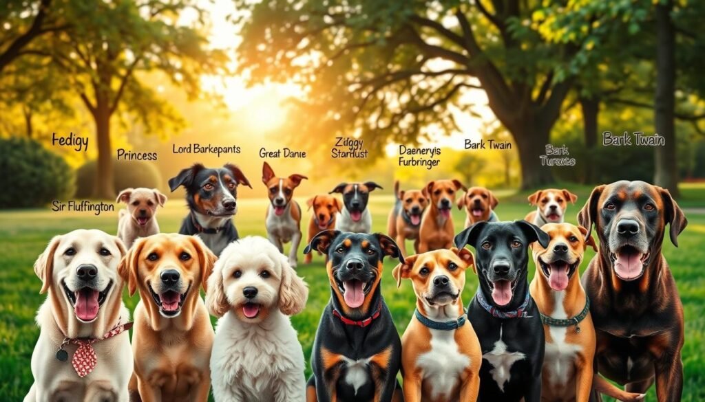A whimsical collection of playful canine monikers framed against a cheerful backdrop. A vibrant, photorealistic scene showcasing a diverse array of dog breeds, each with a quirky, endearing name emblazoned above their heads. The foreground features a smiling Labrador Retriever named "Sir Fluffington," a mischievous Poodle called "Princess Poodlepants," and a regal Great Dane dubbed "Lord Barkington." In the middle ground, a group of energetic mutts with names like "Ziggy Stardust," "Daenerys Furbringer," and "Bark Twain" romp and play. The background is a lush, verdant park setting, bathed in warm, golden-hour lighting, creating a whimsical, lighthearted atmosphere perfect for celebrating the joy of choosing a truly unique and amusing name for your canine companion.