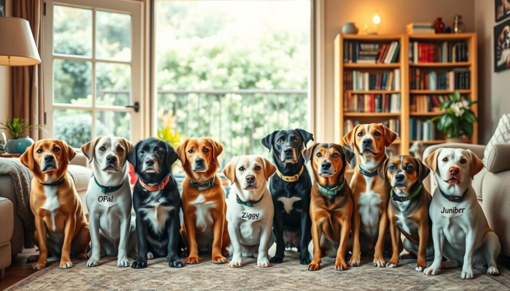 A whimsical collection of traditional dog names with a modern, playful twist. In the foreground, a pack of canine companions sits in a cozy living room, their collars adorned with unexpected monikers like Opal, Ziggy, and Juniper. Soft, warm lighting bathes the scene, creating a sense of comfort and charm. In the middle ground, a bookshelf displays a variety of dog-themed literature, hinting at the owners' affinity for unique and unconventional pet names. The background features a lush, verdant garden, suggesting a harmonious blend of the classic and the unexpected. The overall mood is one of playfulness, individuality, and a celebration of the beloved canine companions.