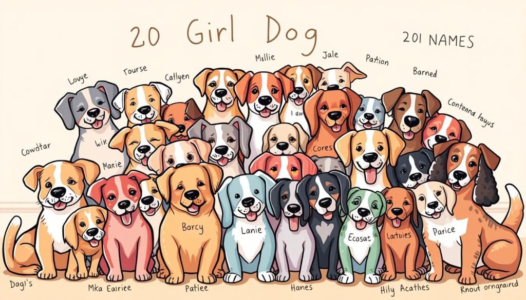 A whimsical group portrait of 20 adorable and humorous girl dog names, captured in a colorful, hand-drawn illustration style with vibrant colors and playful details. The dogs are arranged in a dynamic, overlapping composition, each with its own charming personality and unique expression. The names are cleverly integrated into the design, adding to the lighthearted and delightful mood. The scene is lit by a warm, diffused lighting, creating a cozy and inviting atmosphere. The overall impression is one of joy, creativity, and a celebration of the wonderful world of canine companions.