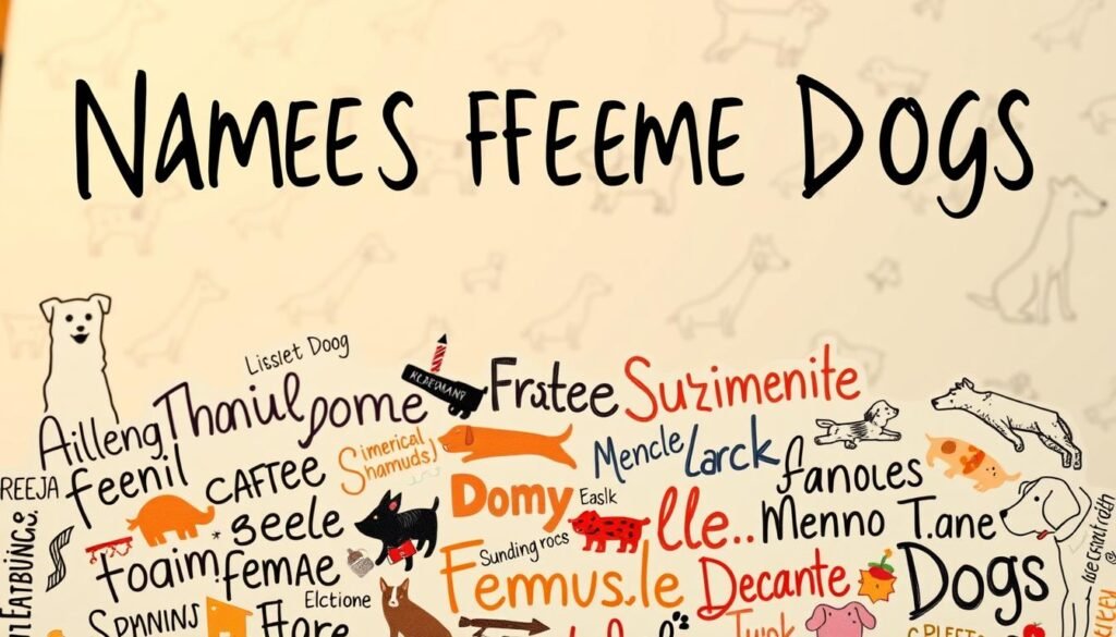 A whimsical, hand-drawn illustration of a colorful collage showcasing the names of famous female dogs, depicted in a warm, nostalgic style. In the foreground, a mix of classic and contemporary dog names are artfully arranged, with playful illustrations or stylized typography. The middle ground features a soft, blurred background, perhaps with sketches or silhouettes of various dog breeds. The lighting is soft and diffused, creating a cozy, intimate atmosphere. The overall composition is balanced and visually engaging, perfectly capturing the essence of "Names Inspired by Famous Female Dogs".