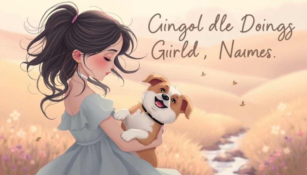 A whimsical illustration of unique girl dog names, captured in a soft, dreamlike style. In the foreground, a delicate, ethereal female figure with flowing locks embraces a playful pup with a playful, inquisitive expression. The middle ground features a serene, pastel-hued landscape with rolling hills, wildflowers, and a meandering stream. The background is gently blurred, creating a sense of depth and tranquility. The lighting is soft and diffuse, casting a warm, romantic glow. The overall mood is one of playfulness, wonder, and a celebration of the special bond between girls and their canine companions.