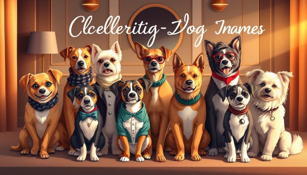 A whimsical, meticulously detailed illustration of "celebrity-inspired dog names" featuring a variety of canines dressed in stylish outfits and accessories, posing against a sophisticated, contemporary backdrop. The dogs' names are inspired by famous Hollywood stars, musicians, and other public figures, each with a distinct personality and flair. The scene is bathed in warm, golden lighting, casting a soft, inviting glow. The composition is carefully arranged to showcase the diverse range of creative, unique dog names in a visually captivating and visually cohesive manner.