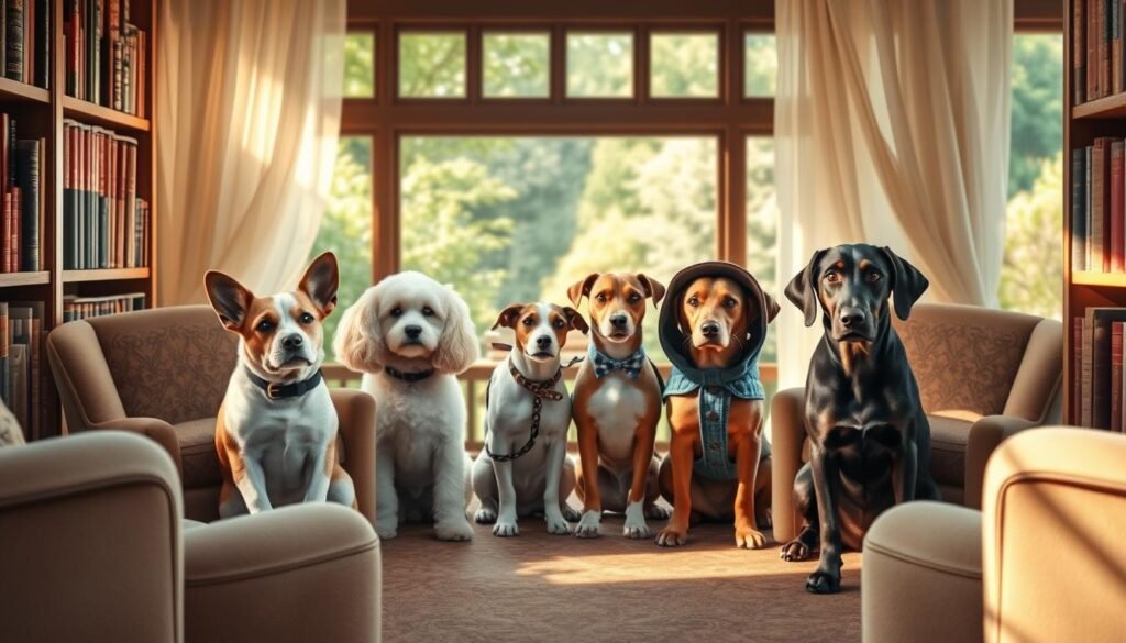 A whimsical scene of literary-inspired dog girl names, each pup personifying a beloved literary character. In the foreground, a cozy library nook with plush armchairs and bookshelves overflowing with tomes. Sunlight filters through sheer curtains, casting a warm, inviting glow. In the middle ground, a pack of adorable pups in costume - a corgi named Atticus, a poodle named Matilda, a terrier named Toto, and a retriever named Marley. In the background, a verdant garden view, hinting at the boundless imagination and adventure these canine companions represent. Soft, painterly lighting and a nostalgic, storybook aesthetic evoke the charm of literary-inspired dog names.