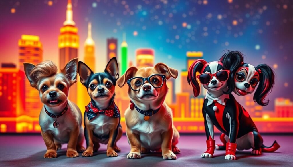 A whimsical scene of quirky dog girl characters inspired by beloved pop culture icons. In the foreground, a trio of charming canine companions - one with a sassy Audrey Hepburn-inspired beehive, another channeling a retro Betty Boop look, and the third sporting a punky Harley Quinn-esque aesthetic. In the middle ground, the dogs are posed against a vibrant, neon-tinged cityscape, hinting at the energetic, contemporary spirit of the names. The background features a dreamy, starry night sky, lending an ethereal, enchanting quality to the image. Lit by warm, colorful lighting that casts a flattering glow, this playful, visually engaging scene captures the essence of unique and charming dog girl names.