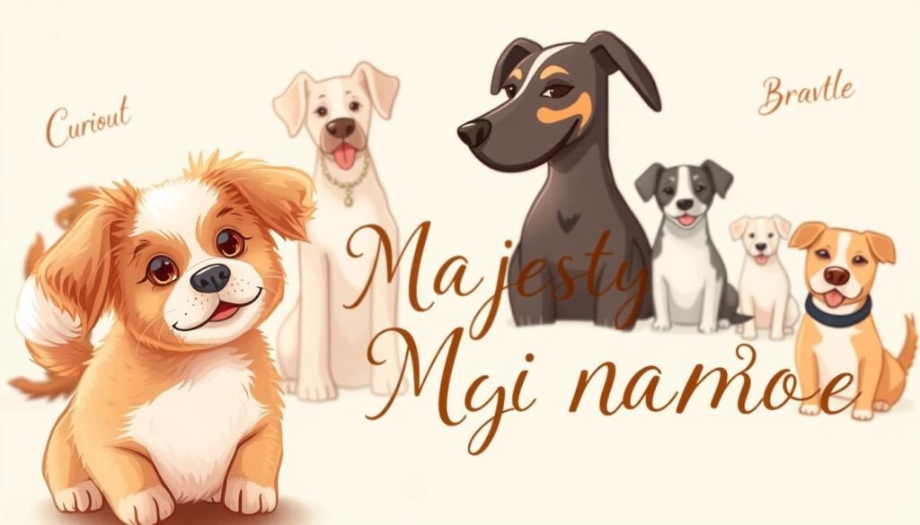 A whimsical scene of trait-inspired dog names, captured in a warm, soft-focus illustration. In the foreground, a playful pup with a fluffy tail and inquisitive gaze, its name "Curious" scrawled in an elegant script. In the middle ground, a sleek, regal hound with the name "Majesty" etched in regal calligraphy. In the background, a group of dogs in various poses, their names reflecting their unique personalities - "Loyal," "Mischievous," "Gentle," and "Brave." The lighting is gentle and warm, creating a cozy, inviting atmosphere that celebrates the diversity and charm of these canine companions.