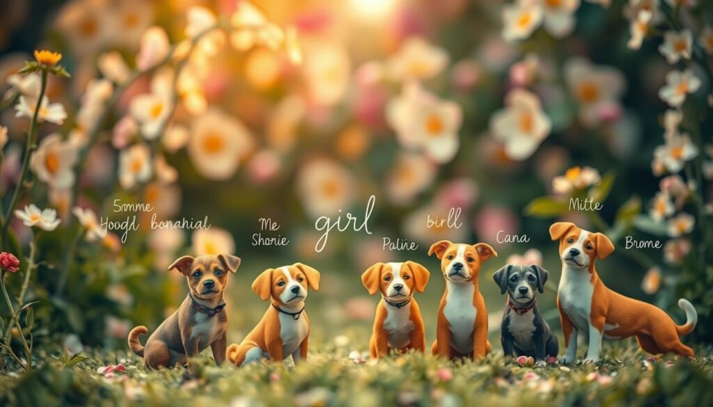 A whimsical scene of unique dog girl names, each with their own distinct personalities. In the foreground, a charming pack of canine-inspired figures in playful poses, their names delicately scrawled in an elegant cursive script. In the middle ground, a lush floral backdrop frames the scene, creating a sense of enchantment. Soft, warm lighting casts a gentle glow, while the composition is balanced and visually captivating, inviting the viewer to imagine the stories behind these one-of-a-kind names. An atmosphere of creativity, imagination, and the bond between humans and their canine companions.