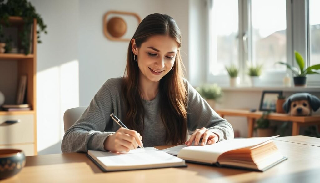 A young woman sits at a desk, meticulously considering a list of potential dog names. Warm, natural lighting filters through the window, casting a cozy glow on the scene. On the desk, an open notebook, pen in hand, as she contemplates the perfect moniker for her furry companion. The room's décor is simple yet inviting, with touches of greenery and soft, neutral tones that create a calming ambiance. The woman's expression is one of thoughtful concentration, a subtle smile playing on her lips as she ponders the various options before her. This intimate moment captures the joy and care that goes into choosing the ideal name for a beloved new pet.