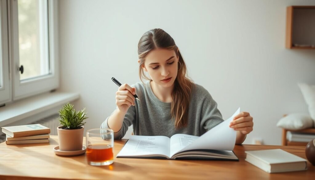 A young woman sits at a wooden table, intently focused on a list of dog names. Soft natural light filters through a nearby window, casting a warm glow on her thoughtful expression. She twirls a pen in her fingers, considering each option carefully, her brow furrowed in concentration. The table is adorned with a potted plant, a mug of tea, and a few scattered books, creating a cozy, contemplative atmosphere. In the background, a simple, minimalist interior design provides a clean, uncluttered backdrop, allowing the woman's decision-making process to take center stage.