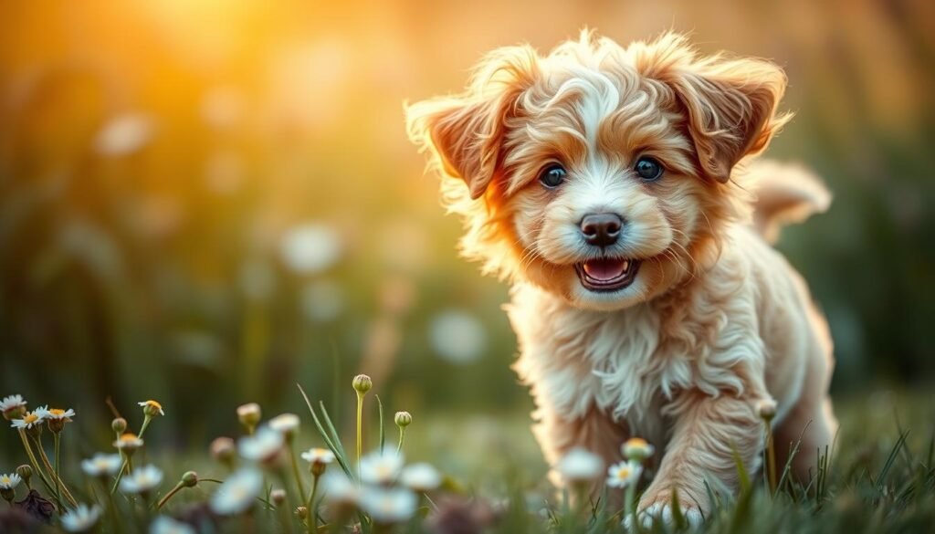 Adorable, frolicking puppy with an effervescent, bubbly personality in the foreground. Fluffy, curly-haired companion with big, expressive eyes and a button nose, surrounded by delicate wildflowers and lush greenery. Warm, soft lighting creates a gentle, serene ambiance, casting a natural glow on the puppy's coat. Slight depth of field blur in the background, emphasizing the playful, joyful subject. Capture the essence of a beloved furry friend, exuding a sense of pure happiness and companionship.