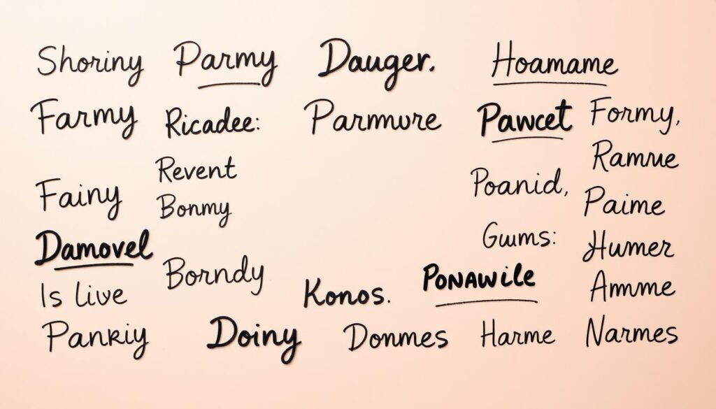 An array of funny dog names handwritten in whimsical fonts, arranged creatively on a pastel-colored background. The names should be playful and imaginative, reflecting the spirit of a beloved pet. Capture the joy and delight of choosing the perfect moniker for a furry companion, with a touch of humor and personality. Use a soft, natural lighting setup to create a warm, inviting atmosphere. Frame the composition in a slightly tilted, dynamic angle to add visual interest. The overall aesthetic should be lighthearted, charming, and visually appealing, inspiring the viewer to consider naming their own dog with a clever, one-of-a-kind title.