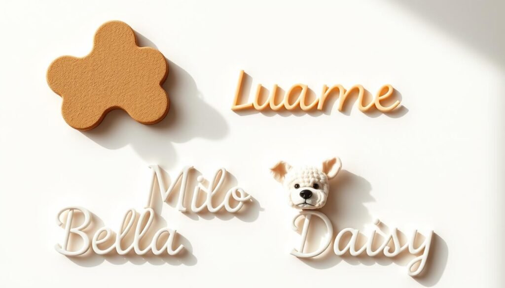 An elegant arrangement of dog name trends, captured in a sleek, minimalist style. A simple yet striking composition showcases a selection of playful, modern dog names - Bella, Luna, Milo, Daisy - against a clean, light-filled backdrop. Soft, natural lighting casts gentle shadows, creating depth and dimension. The overall aesthetic is refined, with a touch of whimsy, inviting the viewer to explore the ever-evolving world of canine nomenclature. This visually compelling snapshot aims to inspire and delight, perfectly complementing the "Popular Trends in Dog Names" section.