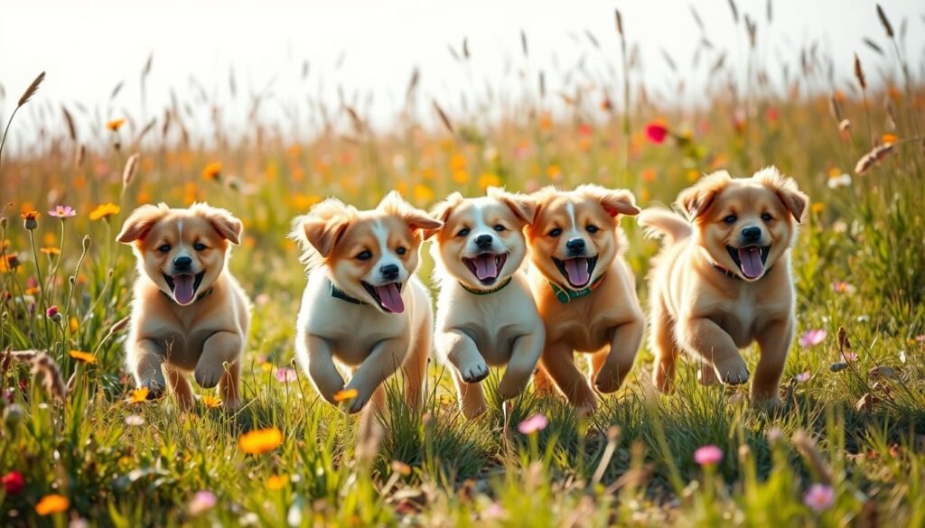 An energetic pack of playful puppies frolicking in a sun-dappled meadow, their fur coats shimmering with a soft, golden glow. Vibrant wildflowers sway in the gentle breeze, creating a lush, whimsical backdrop. The puppies chase each other, their mouths open in joyful barks, tongues hanging out as they bound through the tall grass. Each pup has a unique and charming name adorning their collars, hinting at their lively personalities - Lulu, Roxy, Milo, Coco, and Teddy. The scene exudes a sense of unbridled energy and carefree happiness, perfectly capturing the spirit of "Playful Names for Energetic Dog Girls".