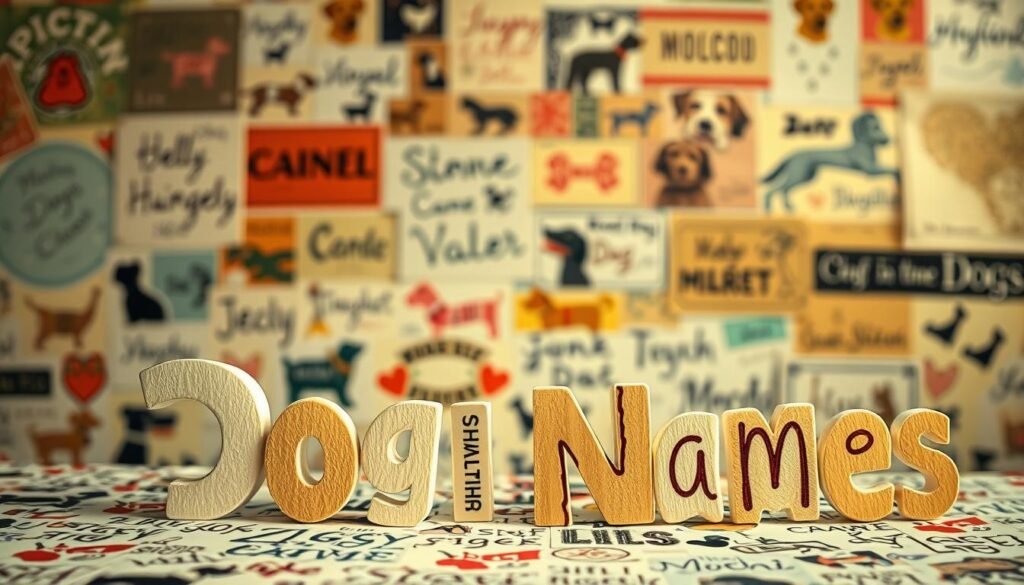 An imaginative collection of whimsical dog names, arranged with flair and personality. A vibrant foreground featuring a playful mix of handwritten and illustrated canine monikers, from the quirky "Ziggy" to the endearing "Mochi". In the background, a collage of vintage-inspired patterns and textures, creating a warm, nostalgic atmosphere. Soft, diffused lighting casts a cozy glow, inviting the viewer to ponder the joy and uniqueness of discovering the perfect name for their furry companion. The overall composition conveys a sense of playfulness, individuality, and the special bond between dogs and their devoted owners.