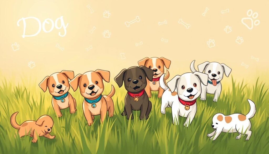 Cute and playful dog names in a whimsical, hand-drawn style. A soft, warm lighting illuminates a group of adorable pups frolicking in a grassy field, their colorful collars and tags catching the sun's rays. The dogs are rendered with expressive faces and endearing poses, surrounded by playful doodles and sketches of bones, paw prints, and other playful motifs. The composition has a loose, organic flow, with the dogs arranged in a natural, casually scattered formation, conveying a sense of joyful chaos. The overall mood is one of pure, unbridled cuteness and childlike wonder.