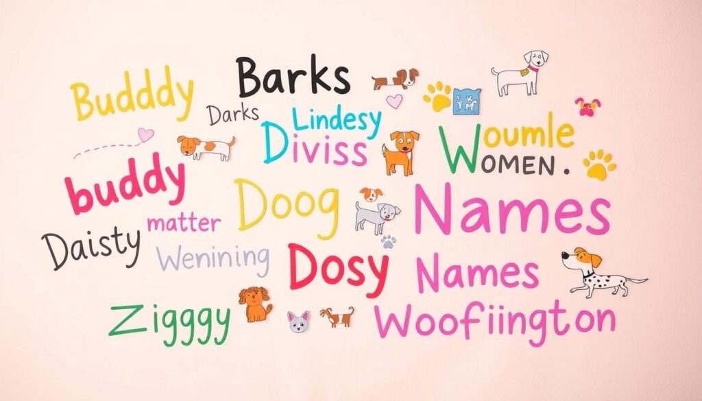 Vibrant and whimsical typographic illustrations of creative dog names floating against a soft, pastel-hued background. In the foreground, playful handwritten-style text in a variety of sizes, colors, and fonts showcases clever canine monikers like "Buddy Barks", "Daisy Woof", and "Ziggy Woofington". In the middle ground, charming doodle-like illustrations of dogs in various breeds and poses accent the text. The overall mood is lighthearted and imaginative, capturing the spirit of unique and unexpected dog names.