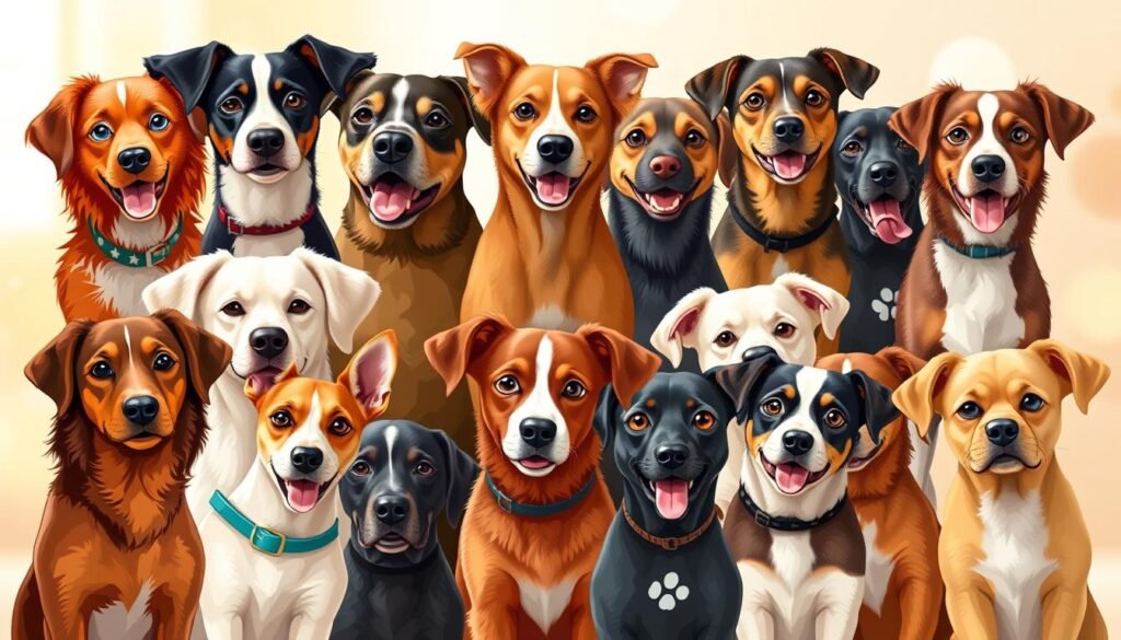 Vibrant illustration of a diverse array of pop culture-inspired dog names, depicted as a collage of playful, whimsical canine portraits. Subjects positioned against a soft, blurred background, bathed in warm, natural lighting that accentuates their endearing expressions. Breeds range from purebreds to mutts, each with a unique personality captured through expressive eyes and subtle poses. Names such as Lassie, Scooby, Dug, Dug, and Copper come to life, showcasing the boundless creativity and imagination that can be found in pet naming inspired by beloved characters and franchises.