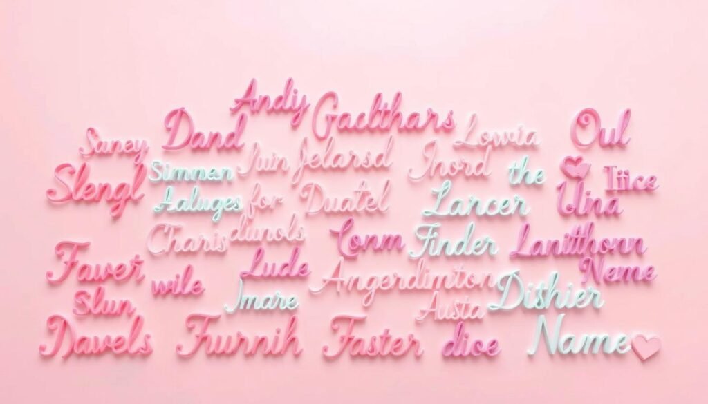 Whimsical assortment of unique and uncommon dog names handcrafted in an elegant script font, delicately arranged in a visually striking display against a soft, pastel-hued background. The names, in shades of pink, lavender, and mint, appear to dance and intertwine, creating a charming, feminine aesthetic that evokes a sense of playfulness and individuality. Subtle lighting from above casts gentle shadows, adding depth and dimension to the composition. The overall mood is one of refined sophistication and creative inspiration, perfectly suited to showcase the best dog names for girls.