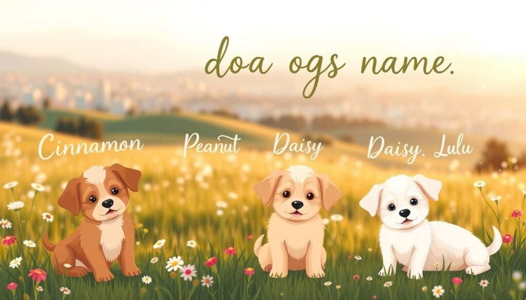 Whimsical illustration of a variety of sweet, adorable dog names rendered in a soft, pastel color palette. In the foreground, a group of playful puppies with expressive features and gentle poses, their names - Cinnamon, Peanut, Daisy, Lulu - displayed in a handwritten script above them. In the middle ground, a lush, dreamlike meadow with wildflowers and rolling hills, bathed in warm, golden sunlight. In the background, a hazy, blurred cityscape with a cozy, romantic atmosphere, conveying a sense of tranquility and comfort. The overall scene has a charming, nostalgic quality, evoking a feeling of joy and whimsy.