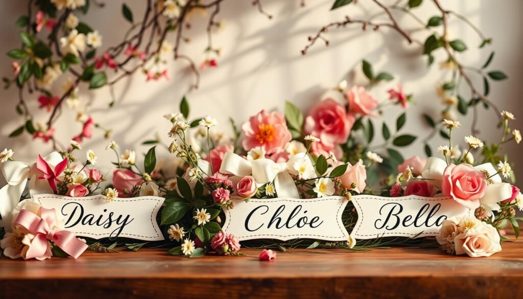 Whimsical vignette of classic cute girl dog names adorned with delicate floral elements, bathed in warm, soft lighting. In the foreground, a charming arrangement of calligraphic name tags for dogs like "Daisy", "Lilly", "Chloe", and "Bella", styled with elegant ribbons and dainty blooms. The middle ground features a lush, artful display of botanicals - cascading vines, blooming flowers, and verdant foliage, creating a natural, harmonious backdrop. The overall scene conveys a sense of timeless, feminine beauty and undeniable charm.