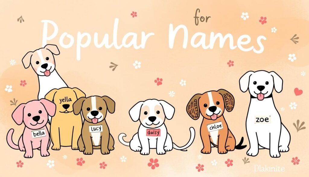a whimsical, colorful illustration of popular names for girl dogs, with playful typography and a lighthearted, cheerful mood. the foreground features an assortment of adorable, hand-drawn dog breeds in various pastel colors, each with a name tag displaying classic girl dog names like bella, lucy, daisy, chloe, and zoe. the middle ground has a scattering of paw prints and stylized floral elements, while the background is a soft, gradient wash of warm, inviting colors. the overall composition creates a visually engaging and visually pleasing scene that captures the essence of the "popular names for girl dogs" topic.
